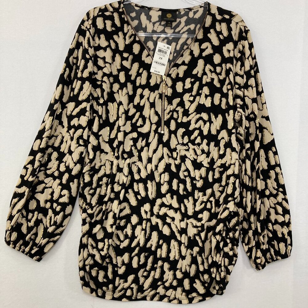 New JM Collection size 2X Black Brown Stretch Knit Half Zip Long Sleeve Blouse